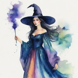 A mystical witch adeptly painted in vivid watercolor, with raven hair, billowing gown, and a pointed hat, gently holding a wand.