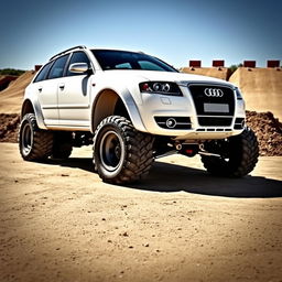 A striking modified 2006 Audi S4 B7 Avant in a bold white color, redesigned as a monster truck