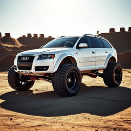 A striking modified 2006 Audi S4 B7 Avant in a bold white color, redesigned as a monster truck