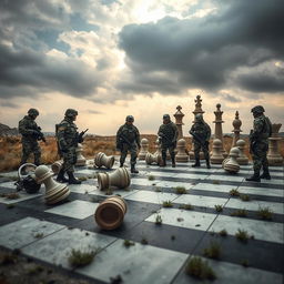 A surreal scene featuring a group of soldiers wearing modern camouflage uniforms, standing on a large chessboard