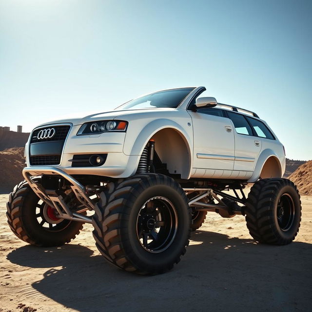 A striking modified 2006 Audi S4 B7 Avant in a bold white color, redesigned as a monster truck