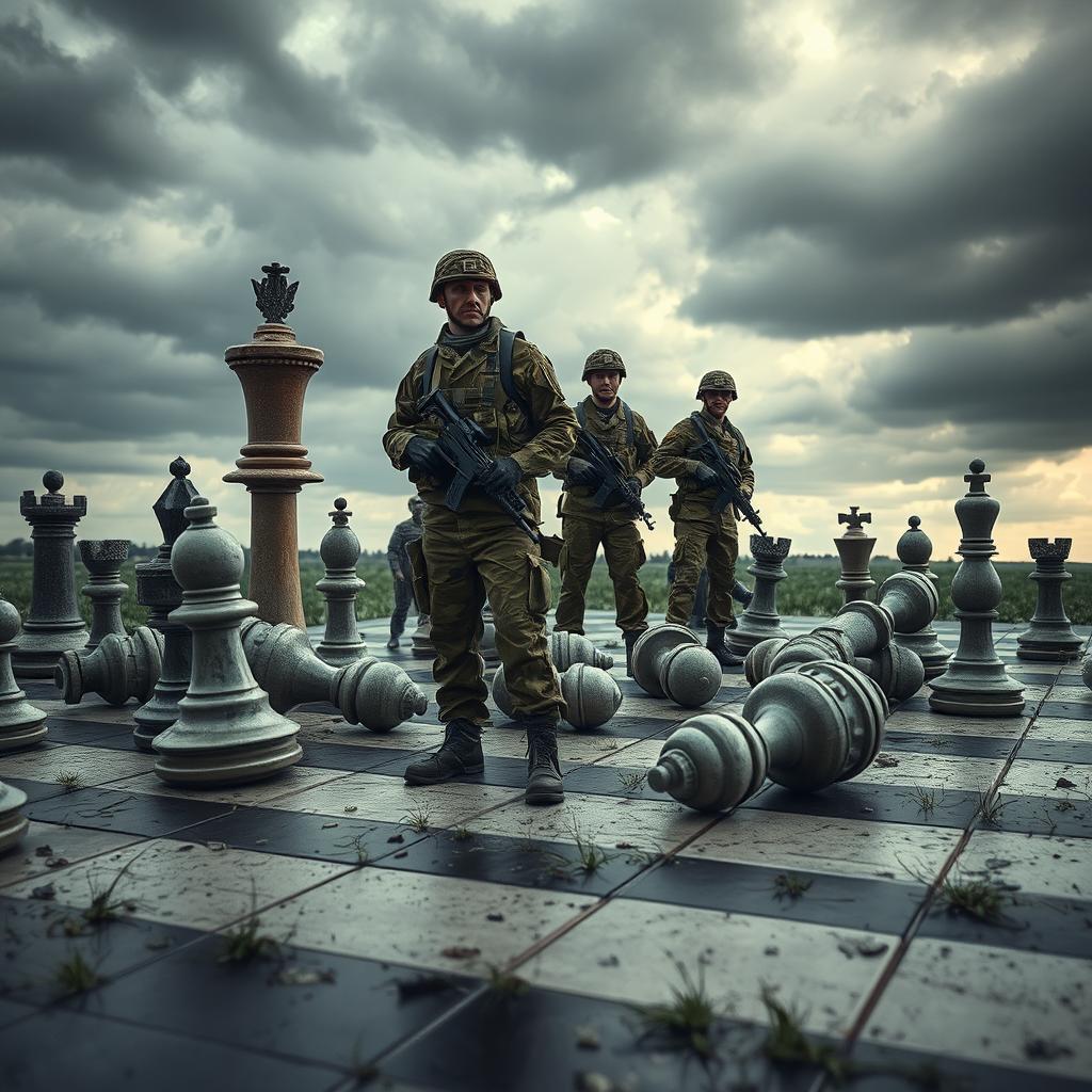 A surreal scene featuring a group of soldiers wearing modern camouflage uniforms, standing on a large chessboard