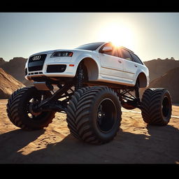 A striking modified 2006 Audi S4 B7 Avant in a bold white color, redesigned as a monster truck