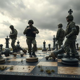 A surreal scene featuring a group of soldiers wearing modern camouflage uniforms, standing on a large chessboard