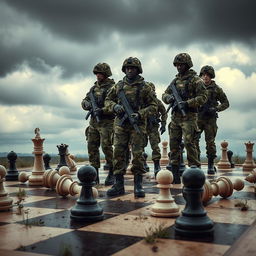 A surreal scene featuring a group of soldiers wearing modern camouflage uniforms, standing on a large chessboard