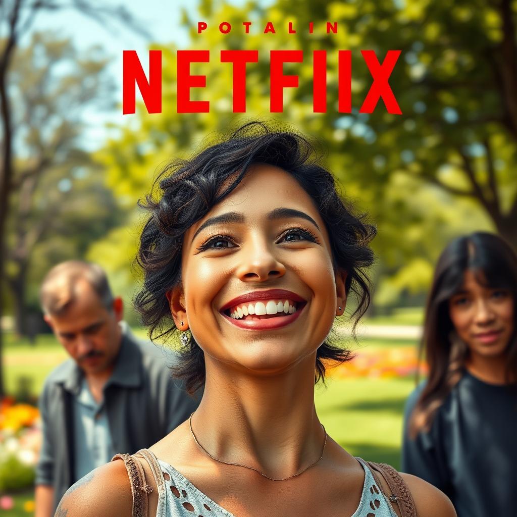 A Netflix movie cover featuring a happy woman in the foreground with a bright smile, showcasing her vibrant personality