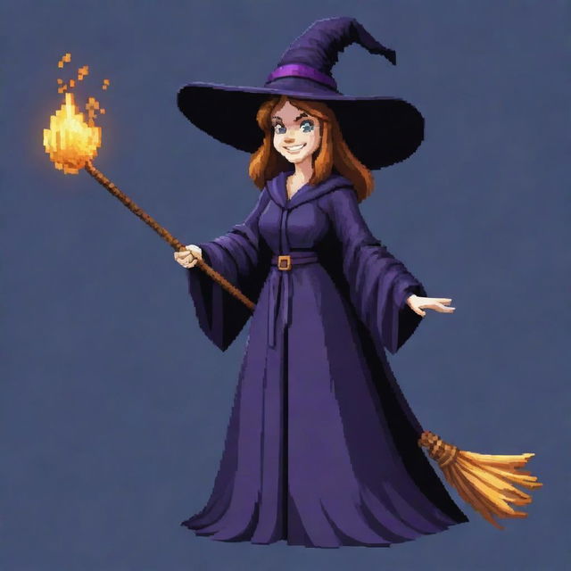 A witch in 16-bit style, like in the old video games. She carries a broom, wears a pointy hat and a flowing, dark robe, and is casting a spell with a pleasant grin.