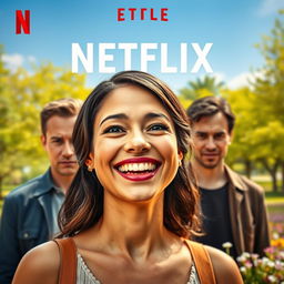 A Netflix movie cover featuring a happy woman in the foreground with a bright smile, showcasing her vibrant personality