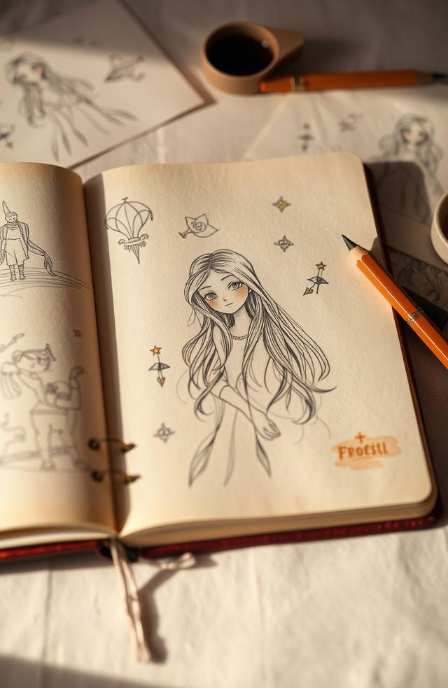 A sketchbook with lined pages featuring a beautifully detailed drawing of a girl