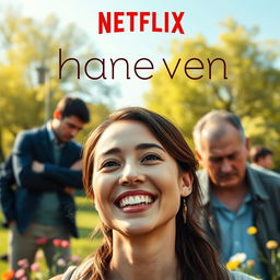 A Netflix movie cover featuring a happy woman in the foreground with a bright smile, showcasing her vibrant personality