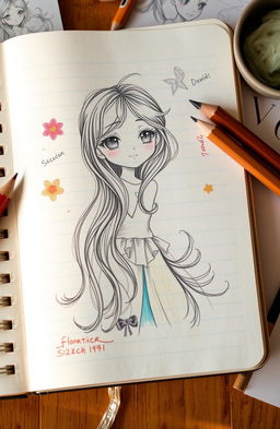 A sketchbook with lined pages featuring a beautifully detailed drawing of a girl