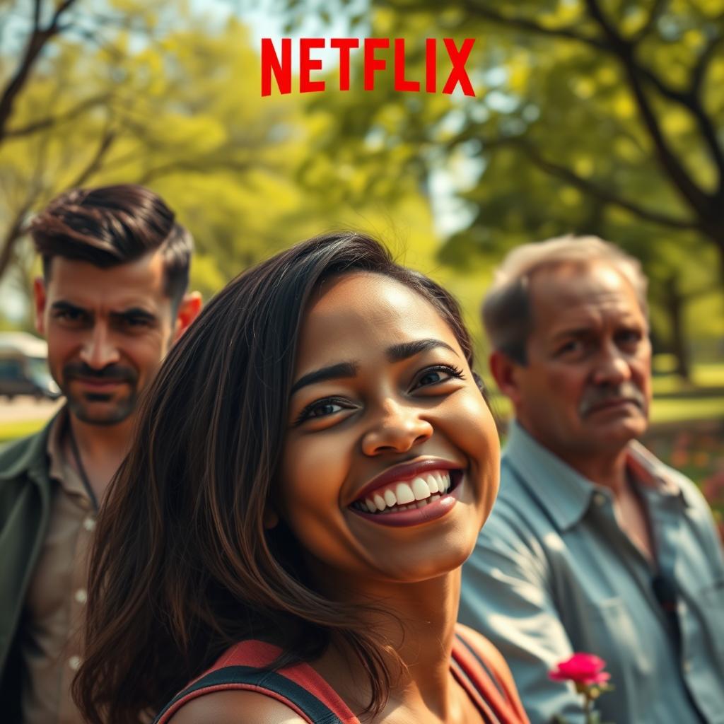 A Netflix movie cover featuring a happy woman in the foreground with a bright smile, showcasing her vibrant personality