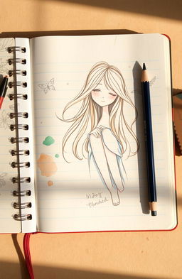 A sketchbook with lined pages featuring a beautifully detailed drawing of a girl