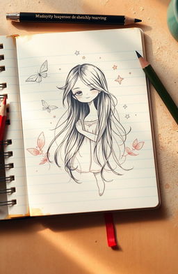 A sketchbook with lined pages featuring a beautifully detailed drawing of a girl