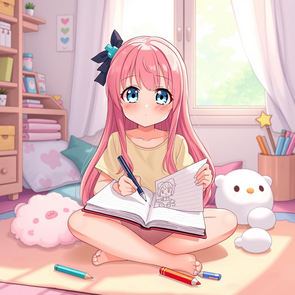 An anime-style illustration of a cute girl drawing in a lined notebook