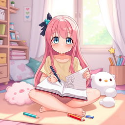 An anime-style illustration of a cute girl drawing in a lined notebook