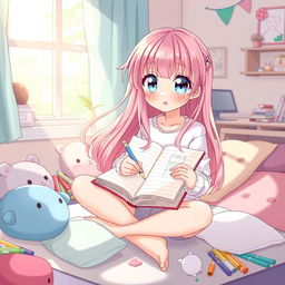 An anime-style illustration of a cute girl drawing in a lined notebook