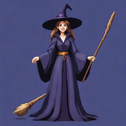 A witch in 16-bit style, like in the old video games. She carries a broom, wears a pointy hat and a flowing, dark robe, and is casting a spell with a pleasant grin.