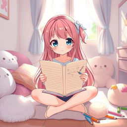 An anime-style illustration of a cute girl drawing in a lined notebook