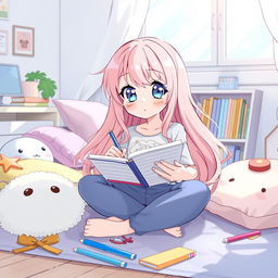 An anime-style illustration of a cute girl drawing in a lined notebook