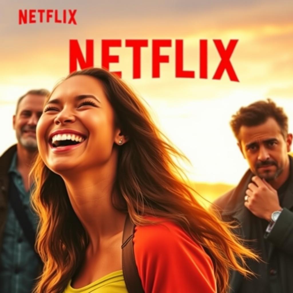 A Netflix movie cover featuring a joyful woman in the foreground, radiating happiness with a big smile