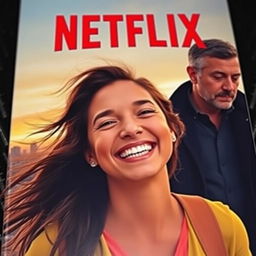 A Netflix movie cover featuring a joyful woman in the foreground, radiating happiness with a big smile