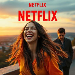 A Netflix movie cover featuring a joyful woman in the foreground, radiating happiness with a big smile