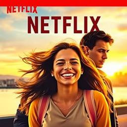 A Netflix movie cover featuring a joyful woman in the foreground, radiating happiness with a big smile