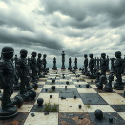 A surreal scene featuring a group of faceless or blurred figures representing soldiers, standing on a large chessboard that appears tilted and neglected