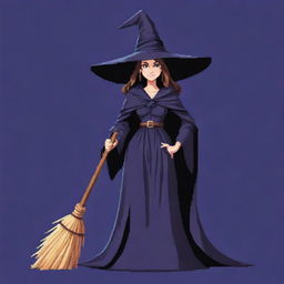 A witch in 16-bit style, like in the old video games. She carries a broom, wears a pointy hat and a flowing, dark robe, and is casting a spell with a pleasant grin.