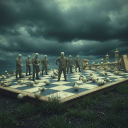 A surreal scene featuring a group of faceless or blurred figures representing soldiers, standing on a large chessboard that appears tilted and neglected