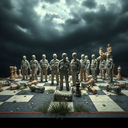 A surreal scene featuring a group of faceless or blurred figures representing soldiers, standing on a large chessboard that appears tilted and neglected