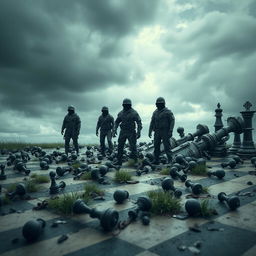 A surreal scene featuring a group of faceless or blurred figures representing soldiers, standing on a large chessboard that appears tilted and neglected