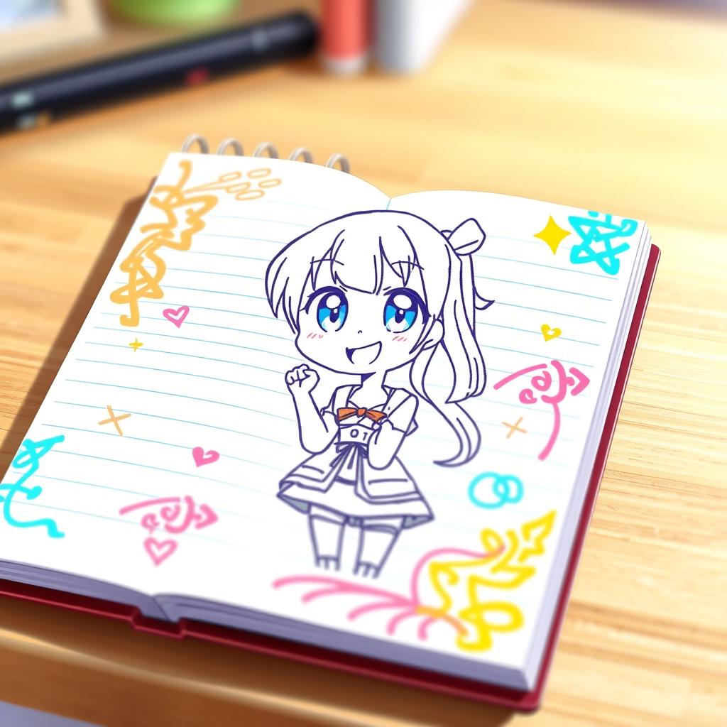 A vibrant anime-style illustration featuring a cute girl drawn in a lined notebook