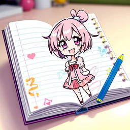 A vibrant anime-style illustration featuring a cute girl drawn in a lined notebook