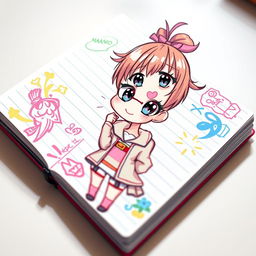 A vibrant anime-style illustration featuring a cute girl drawn in a lined notebook