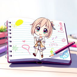 A vibrant anime-style illustration featuring a cute girl drawn in a lined notebook