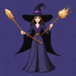 A witch in 16-bit style, like in the old video games. She carries a broom, wears a pointy hat and a flowing, dark robe, and is casting a spell with a pleasant grin.