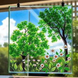 A vibrant glass panel art piece depicting a beautiful nature scene, with lush green trees and blooming flowers etched into the surface