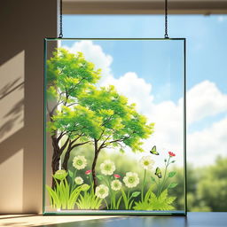 A vibrant glass panel art piece depicting a beautiful nature scene, with lush green trees and blooming flowers etched into the surface