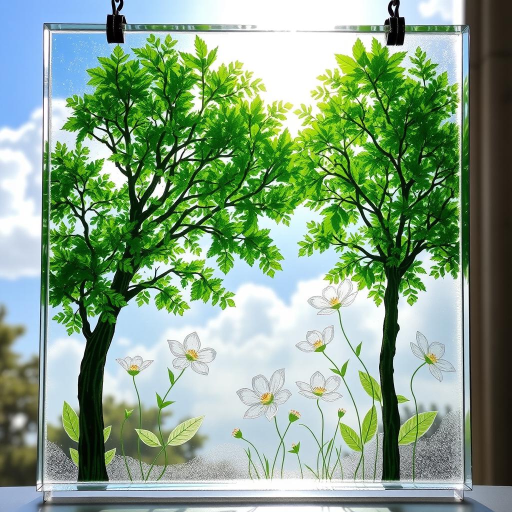 A vibrant glass panel art piece depicting a beautiful nature scene, with lush green trees and blooming flowers etched into the surface