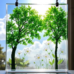 A vibrant glass panel art piece depicting a beautiful nature scene, with lush green trees and blooming flowers etched into the surface