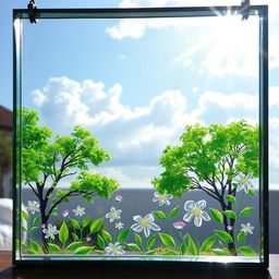 A vibrant glass panel art piece depicting a beautiful nature scene, with lush green trees and blooming flowers etched into the surface