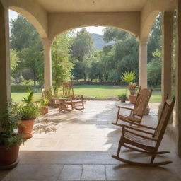 A spacious, well-furnished veranda bathed in soft sunlight, with plants in full bloom, wooden rocking chairs, hewn stone flooring, and a serene view of a landscape garden.