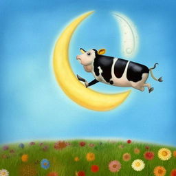 A whimsical scene of a jovial cow gleefully jumping over a radiant moon