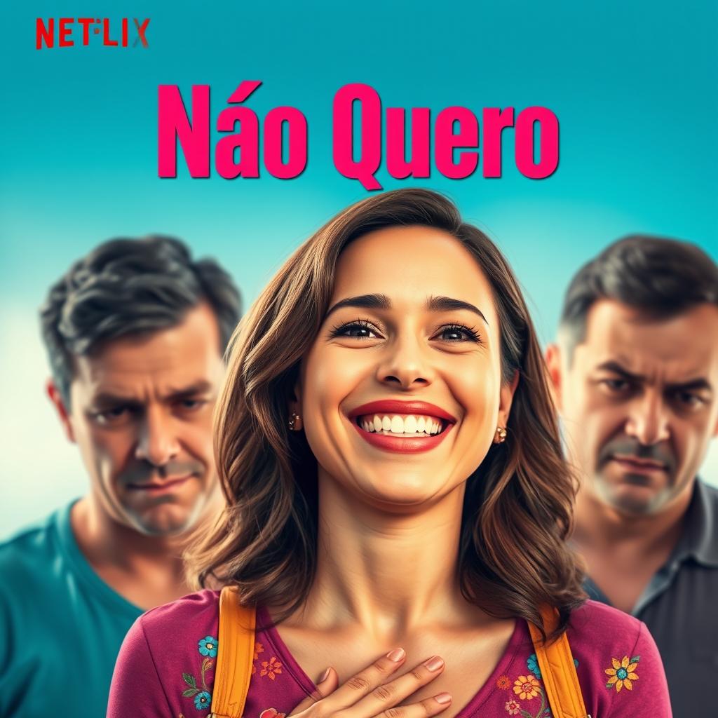 A vibrant Netflix movie cover titled 'Não Quero', featuring a happy woman in the foreground with a bright, cheerful expression, surrounded by colorful elements suggesting joy