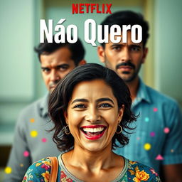 A vibrant Netflix movie cover titled 'Não Quero', featuring a happy woman in the foreground with a bright, cheerful expression, surrounded by colorful elements suggesting joy