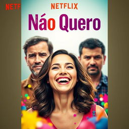 A vibrant Netflix movie cover titled 'Não Quero', featuring a happy woman in the foreground with a bright, cheerful expression, surrounded by colorful elements suggesting joy