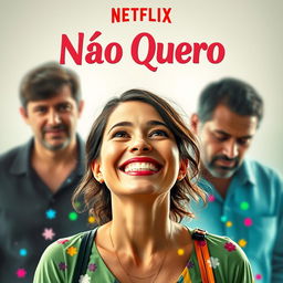 A vibrant Netflix movie cover titled 'Não Quero', featuring a happy woman in the foreground with a bright, cheerful expression, surrounded by colorful elements suggesting joy