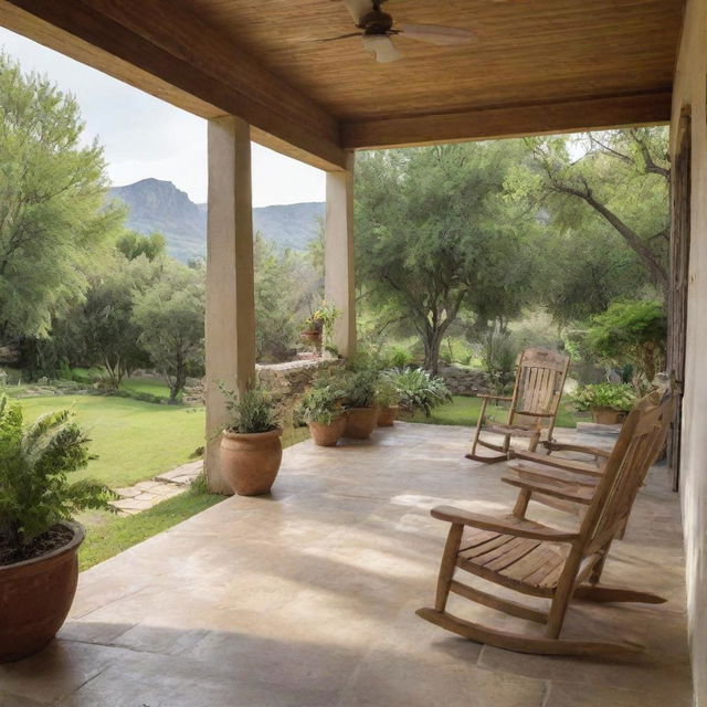 A spacious, well-furnished veranda bathed in soft sunlight, with plants in full bloom, wooden rocking chairs, hewn stone flooring, and a serene view of a landscape garden.